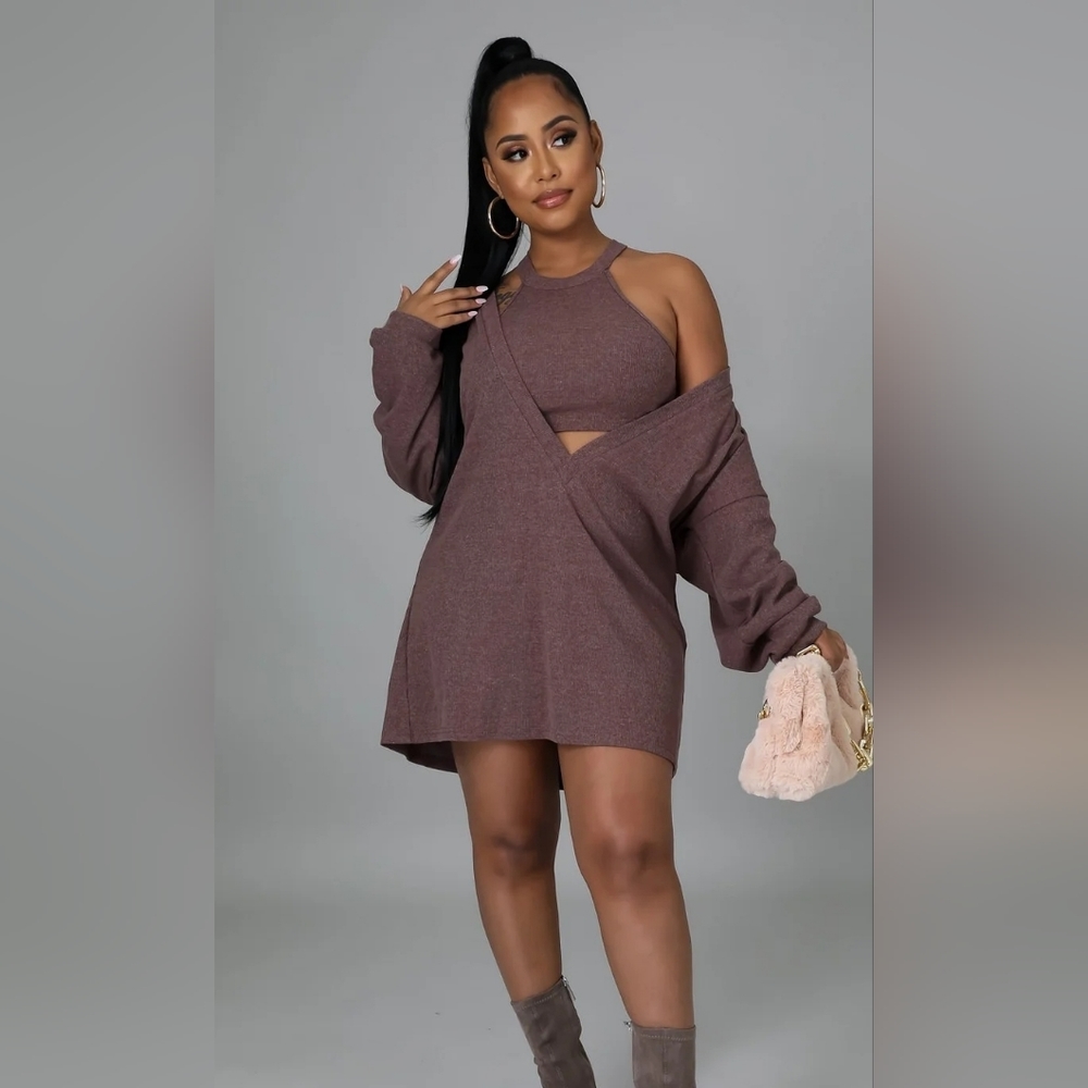 ROUND NECKLINE KNIT TWO PIECE SET VEST DRESS